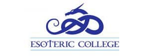 A blue dragon shapes an infinity symbol above the words Esoteric College in blue, featuring a cross over the T and lines framing the text, representing the mystical essence of Esoteric College.