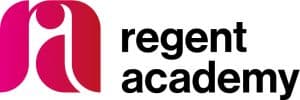 Logo featuring a stylised, lowercase pink and red ra on the left, followed by the words The Regent Academy in bold black lowercase letters on the right.