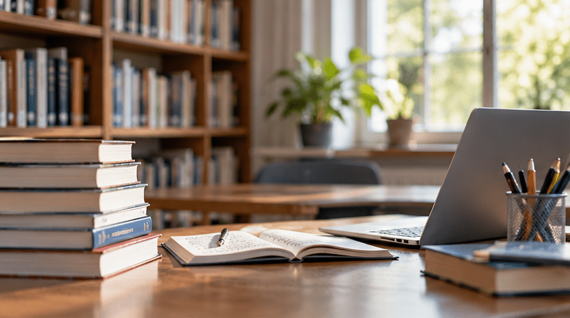 A library table set for Academic & School Subject Courses, with stacked books, an open notebook and pen, a laptop, and a pencil pot. Bookcases and a window with plants complete the studious scene.