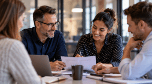 Four people sit round a table in a modern office, smiling and discussing documents related to Business and Management and Finance Courses. Notebooks, a laptop, and coffee create a collaborative, positive atmosphere.