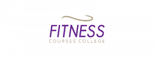 Logo for Fitness Courses College featuring FITNESS in large purple letters, FITNESS COURSES COLLEGE in smaller beige letters below, and a beige curved line above the text on a white background.