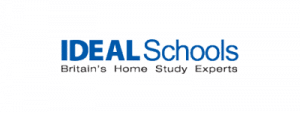 Logo for Ideal Schools, showcasing the words Ideal Schools in blue and Britain's Home Study Experts below in black on a white background.