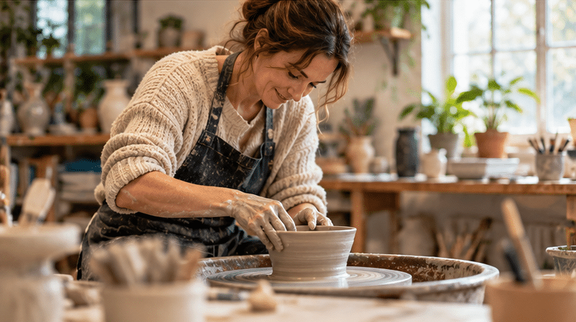 A woman in a cosy studio shapes clay on a potter’s wheel, enjoying Leisure & Hobby Courses. Sunlight streams through a window, with plants and pottery tools visible in the background.