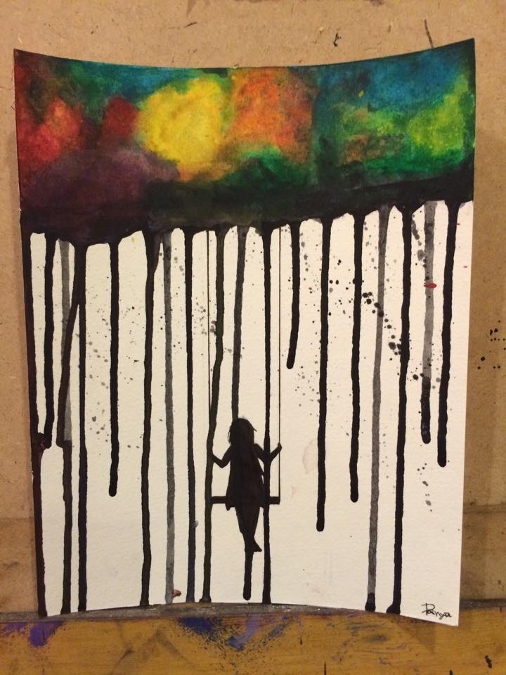 A painting of a black cricket silhouetted against a white background, with colourful paint at the top dripping downward in black streaks—an artwork echoing the dramatic style of Panya Sos.