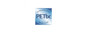 PETbc - the Pet Education Training and Behaviour Council logo features a faint dog and cat silhouette. The council’s name encircles PETbc on a blue, gradient background for a professional, welcoming look.