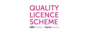 Logo with the text QUALITY LICENCE SCHEME in pink, with ABC Awards • Certa Awards in blue positioned underneath.
