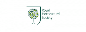 Royal Horticultural Society logo featuring a stylised tree with green leaves inside a partial shield outline, and the Royal Horticultural Society name written to the right of the tree.