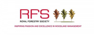 Royal Forestry Society logo featuring RFS in bold red letters, three illustrated oak leaves, and the strapline Inspiring Passion and Excellence in Woodland Management.