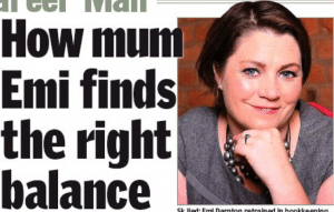 A woman with short brown hair and blue eyes, wearing a necklace and grey top, smiles with her hand resting on her chin next to the headline How mum Emi finds the right balance in Ideal Schools in the news.