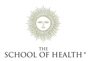 A stylised sun with a face at its centre hovers above the words The School of Health and ICB in capital letters, with a registered trademark symbol next to the text.
