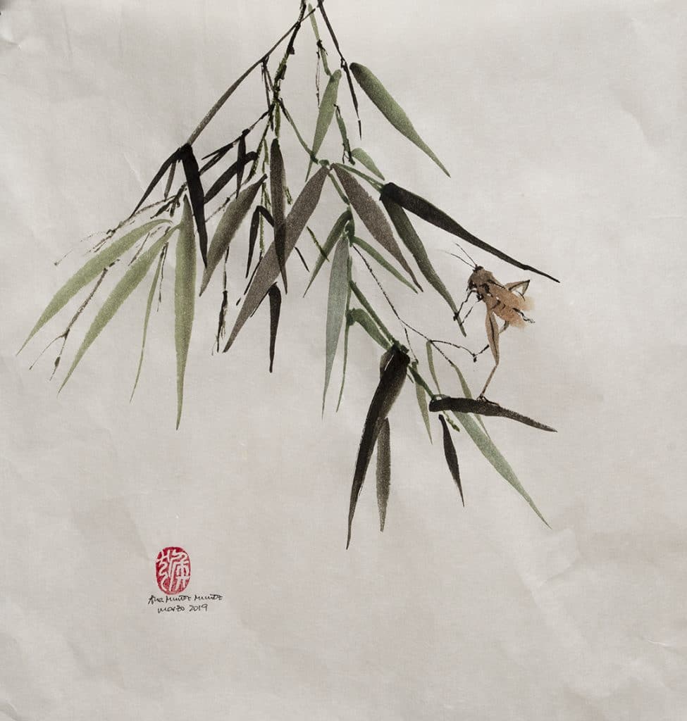 Delicate watercolour Chinese Brush Painting of bamboo leaves and a brown grasshopper perched on one leaf, set against a light, textured background with a red artist’s seal and handwritten signature at the bottom left in classic Sumi-e style.