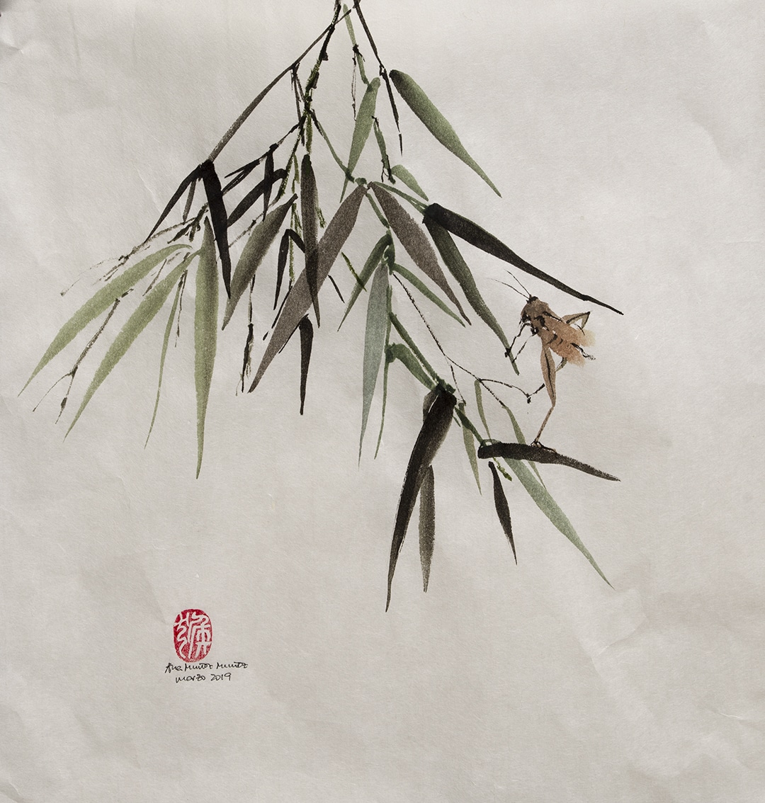 Delicate watercolour Chinese Brush Painting of bamboo leaves and a brown grasshopper perched on one leaf, set against a light, textured background with a red artist’s seal and handwritten signature at the bottom left in classic Sumi-e style.