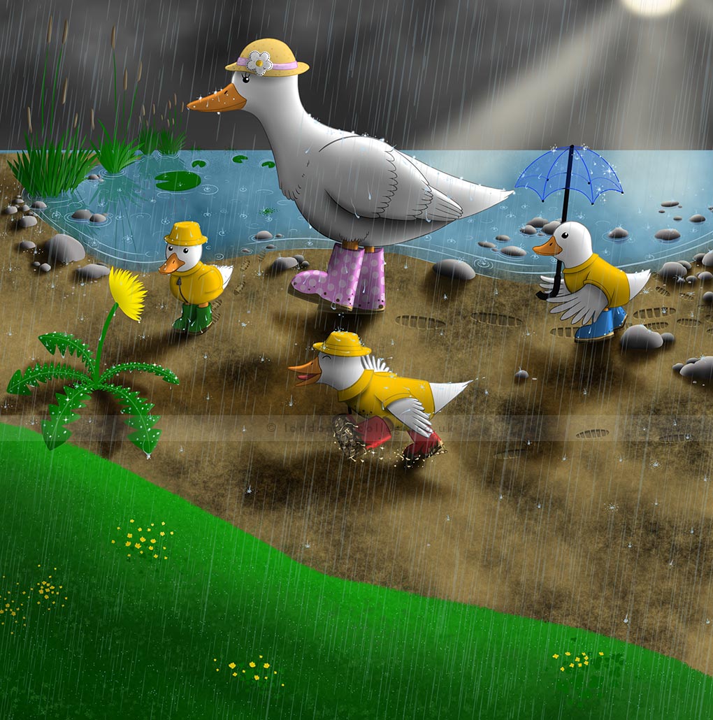A mother duck in pink wellies leads three ducklings in raincoats along a muddy path by a pond in the rain; inspired by Lucca Cavicchioni, one duckling holds a blue umbrella whilst another stops to admire a yellow flower.