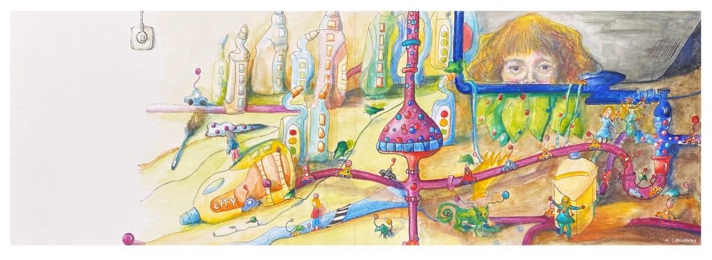 A whimsical, colourful illustration of a surreal landscape with playful pipes and small figures. In the background, a large face with brown hair and wide eyes—an homage to Ania Lebiedzka - a life in art—watches this imaginative world unfold.