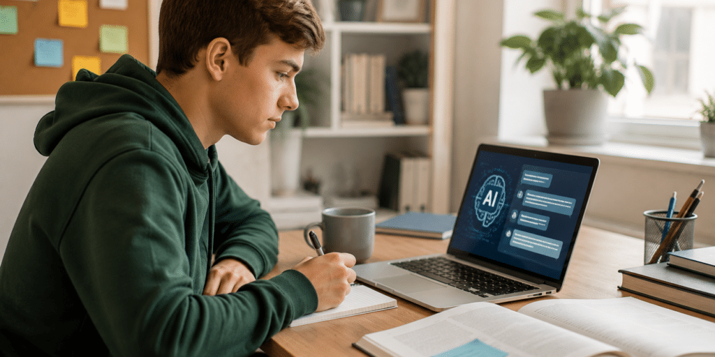 A young person in a green hoodie studies at a desk, taking notes whilst looking at a laptop displaying AI in Education content. An open book, pen, and mug are also on the desk. A plant and shelves are in the background.