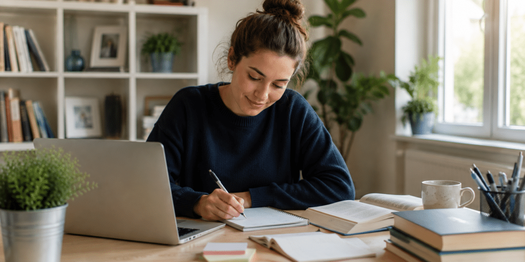 A woman sits at a desk with a laptop, writing in a notebook. Surrounded by books, papers, and a cup in a bright room with shelves and plants in the background, she is fully immersed in her online learning success.