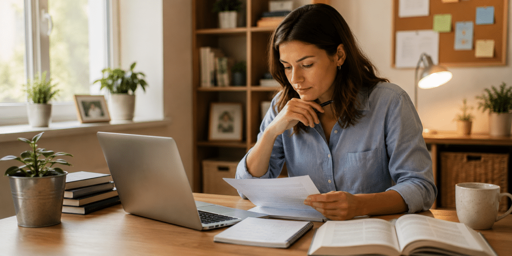 A woman sits at a desk with a laptop, papers, books, and a notebook, appearing focused while studying accredited courses or working in a cosy, well-lit home office.