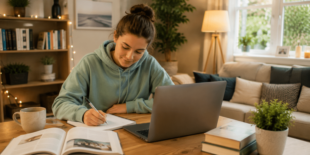 A person in a hoodie sits at a table in a cosy living room, embracing flexible learning while writing in a notebook and looking at a laptop. Open books, a mug, and a plant are on the table. Shelves and warm lighting are in the background.