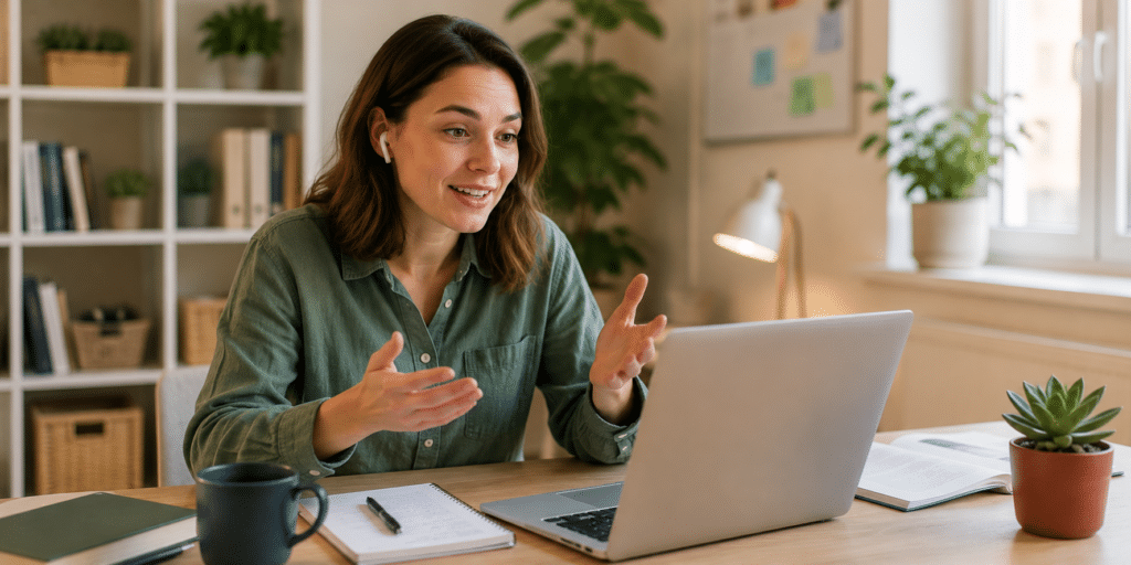 A woman wearing earphones sits at a desk with a laptop, notebook, and coffee mug, gesturing as she participates in a video call—demonstrating her soft skills—in a home office with plants and shelves in the background.