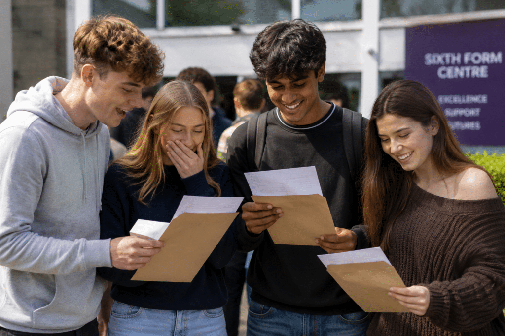 Four teenagers stand outside, smiling and reacting with excitement whilst reading papers taken from brown envelopes, suggesting they have just received their A-level results on Results Day.