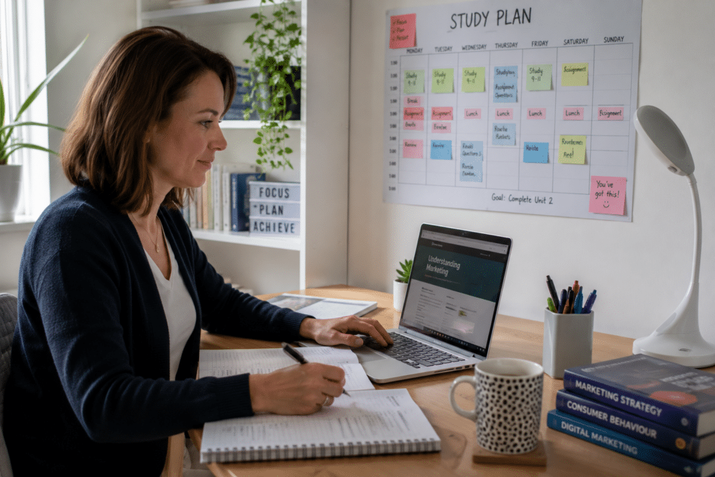A woman studies at a desk with a laptop, notebook, coffee mug, and stacked textbooks. A colourful study plan is on the wall behind her. She appears to be focused and writing notes, clearly building study habits that support her academic success.