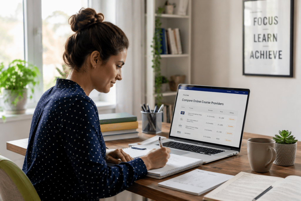 A woman sits at a desk, writing in a notebook whilst looking at a laptop screen comparing distance learning providers, with shelves and decor in the background.