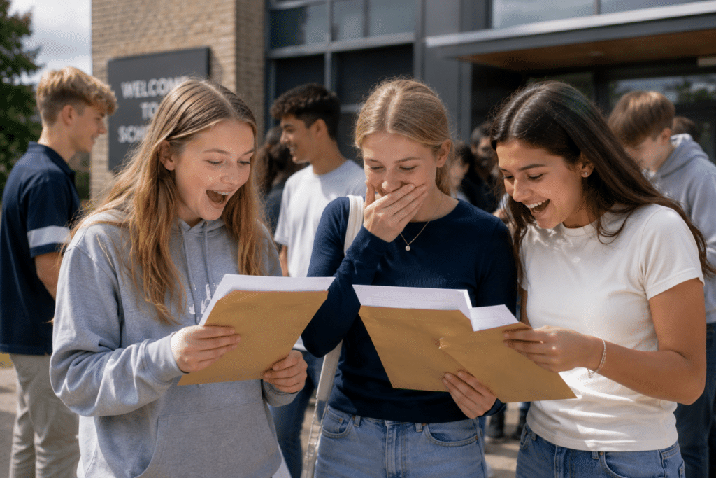 Three teenage girls stand outside, excitedly opening large envelopes and reading papers—likely their GCSE Results—whilst other students gather in the background near a school building, capturing the anticipation and celebration of GCSE Results Day 2026.