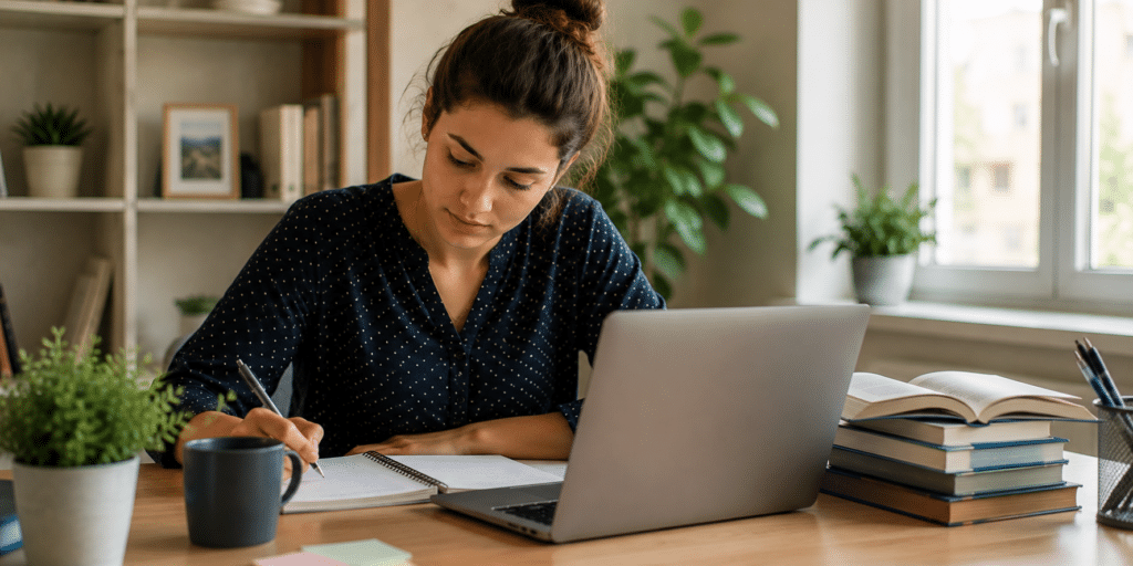 A woman sits at a desk with a laptop, writing in a notebook as she hones her employability skills. Books, a coffee mug, and plants are on the desk, and a window with sunlight is in the background.