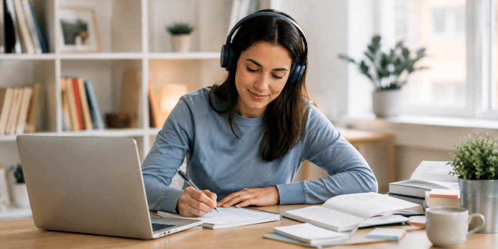 A woman wearing headphones sits at a desk with a laptop, notebook, and books, deeply focussed on writing and studying in a bright room with shelves and plants in the background—an inspiring example of learner engagement.