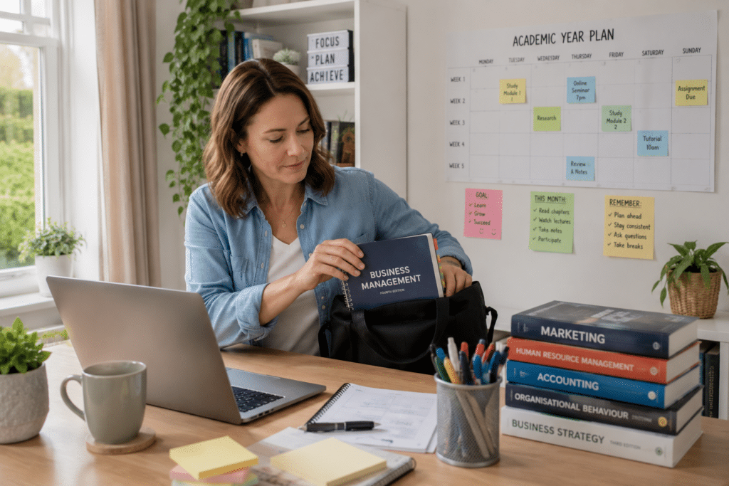 A woman sits at a desk with notebooks, a laptop, and textbooks, putting a Business Management book into her bag. A large academic year planner with sticky notes is on the wall behind her.