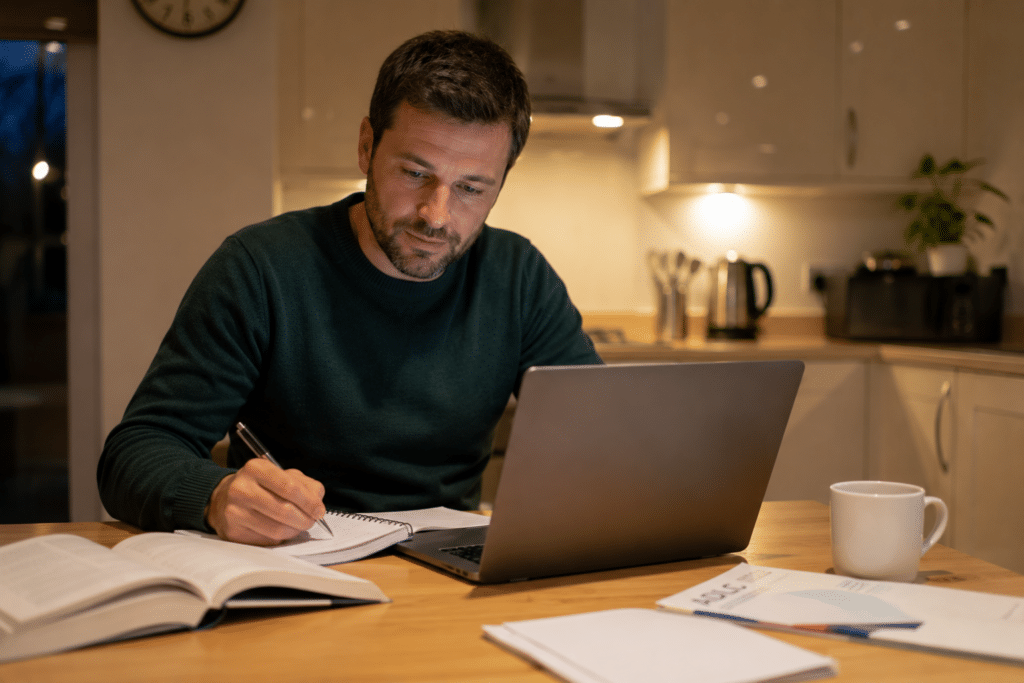 A man sits at a kitchen table working on a laptop, writing in a notebook with open books and papers nearby. A coffee mug is on the table and the kitchen is softly lit, reflecting the quiet determination of adult learners returning to education.
