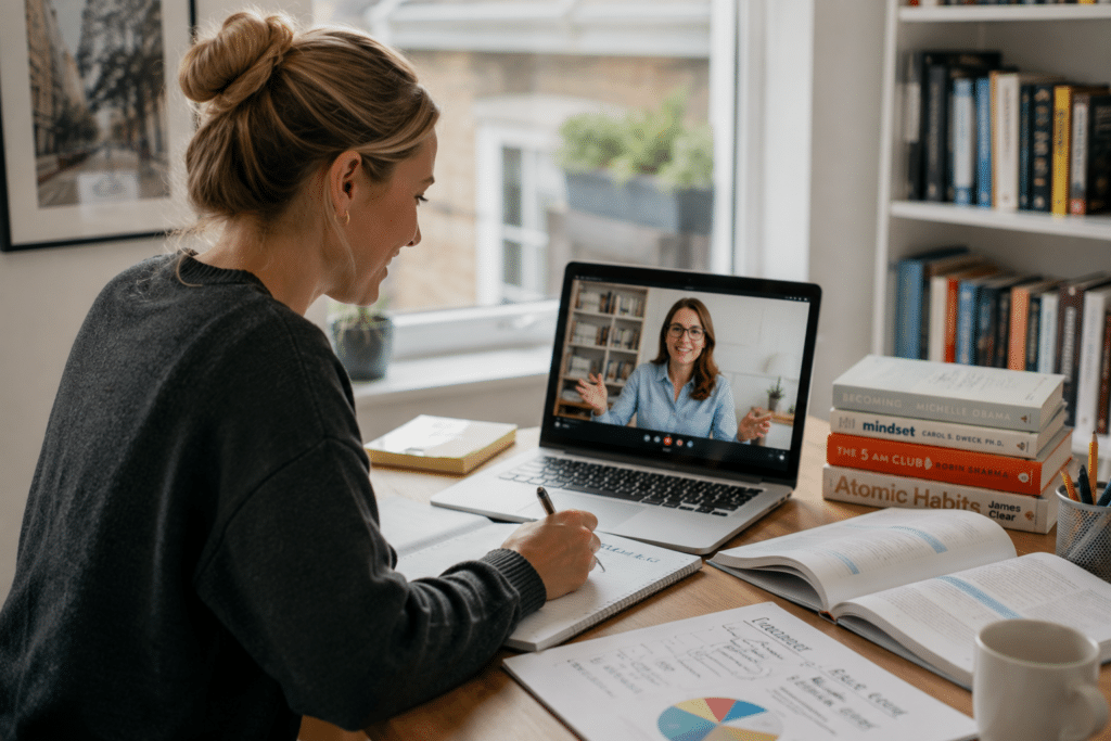 A woman takes notes while attending a distance learning video call on her laptop at a desk with books, papers, and an open notebook. Another woman is visible on the laptop screen, speaking and gesturing as they engage in online education.