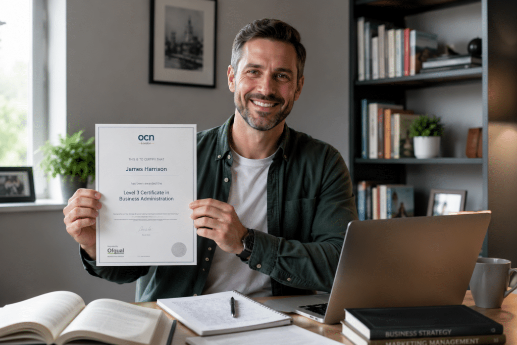 A smiling man sits at a desk holding up an accredited certificate in business administration. The desk has a laptop, books, and papers. A bookcase and framed photo are visible in the background.