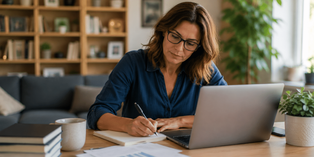 A woman with glasses works at a desk, writing in a notebook whilst using a laptop, embodying the focus and determination of adult learners. Books, papers, and a coffee mug are nearby in the cosy living room.