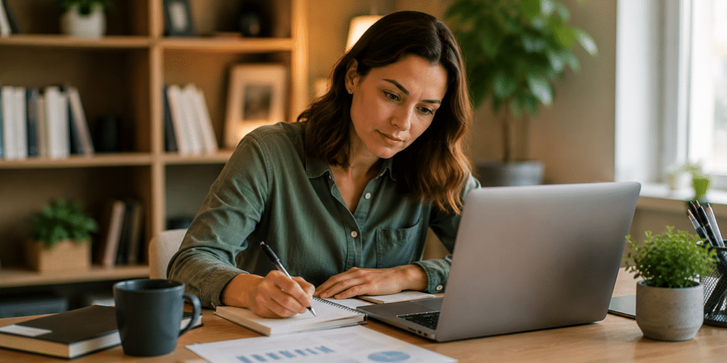 A woman sits at a desk writing in a notebook whilst looking at her laptop, focused on bridging the skills gap in her field. Papers, a coffee mug, and plants are on the desk, and bookshelves are in the background.