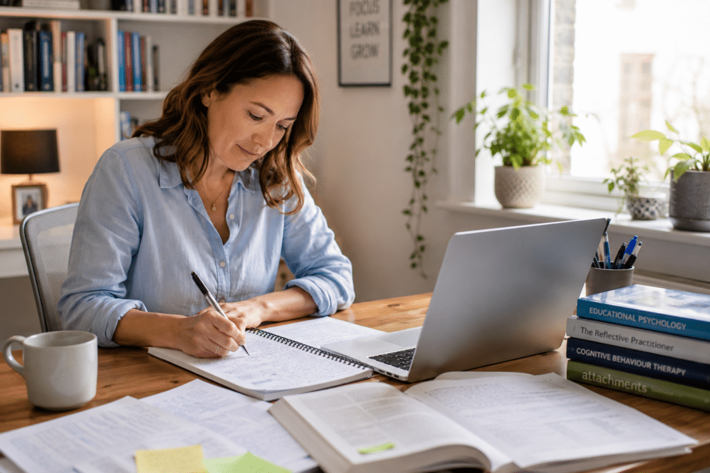 A woman sits at a desk, writing in a notebook with an open laptop, books, and papers in front of her. A mug and sticky notes are nearby. Bookshelves and plants are in the background.