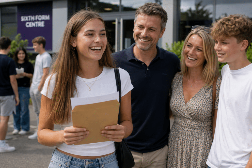 A smiling teenage girl holding an envelope stands with three happy people outside a building labelled Sixth Form Centre. They appear joyful and are dressed casually, suggesting a positive milestone—such as receiving good A-level results and discussing what to do next.