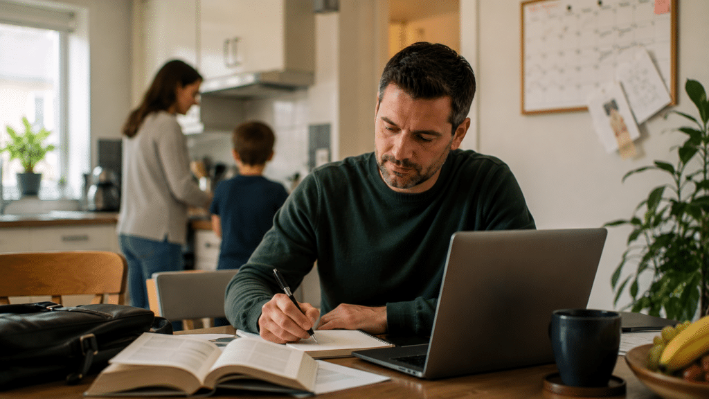 A man, possibly a mature student, works at a table with a laptop, notebook, and open book. In the background, a woman and child are in the kitchen. The scene appears to be a home setting with papers, a bag, and fruit on the table—capturing the reality of balancing study and work-family balance in everyday life.