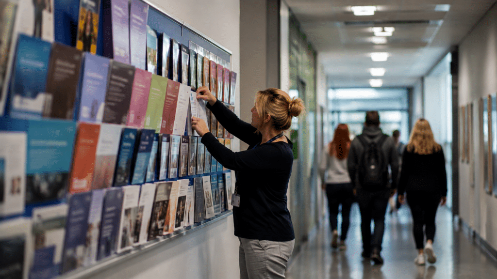 A woman arranges colourful brochures about T Levels and BTECs on a noticeboard in a hallway, while several people walk down the corridor in the background, highlighting the diverse options within England’s qualification system.