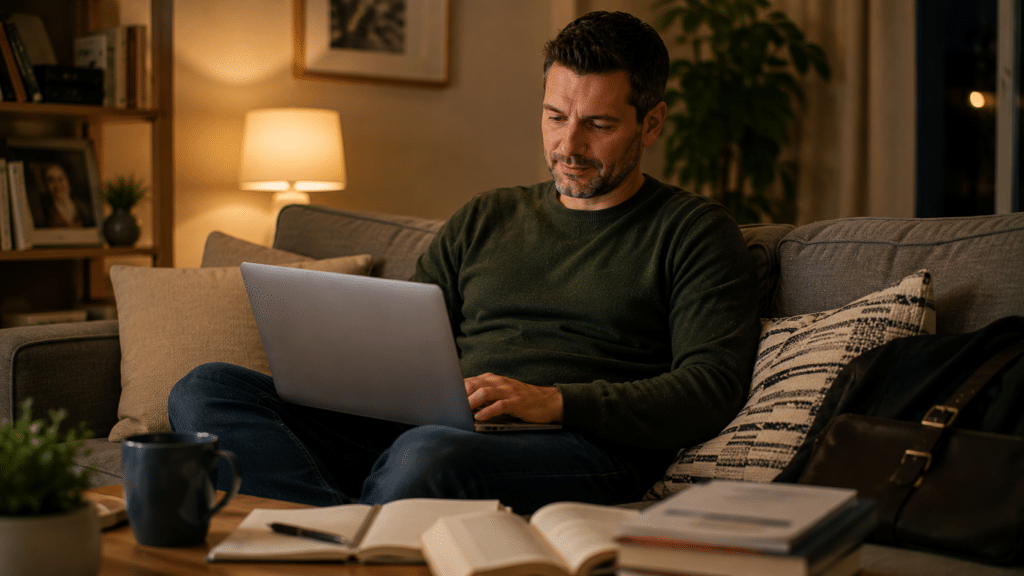 Man sitting on a sofa in a cosy, dimly lit room, working on a laptop. Open books, a notebook, and a mug are on the table in front of him, suggesting he is studying through distance learning or preparing for a career transition from the comfort of home.