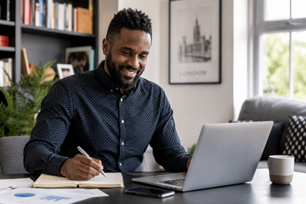 A man sits at a desk, smiling with career confidence whilst working on a laptop. He writes in a notebook with papers, a mobile phone, and a coffee mug nearby. A framed London artwork hangs on the wall behind him. Natural light enters from the window.