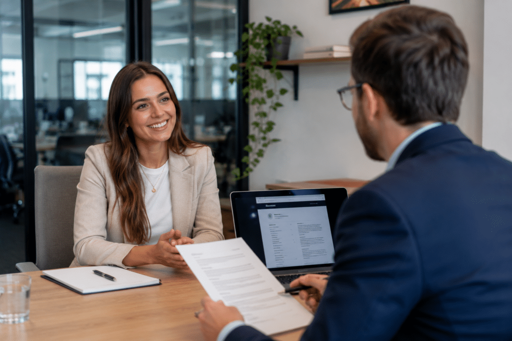 A woman smiles during a job interview, sitting opposite a man holding her CV and noting her impressive online qualifications. A laptop, notebook, and glass of water are on the table. They are in a modern office with glass walls and shelves in the background.