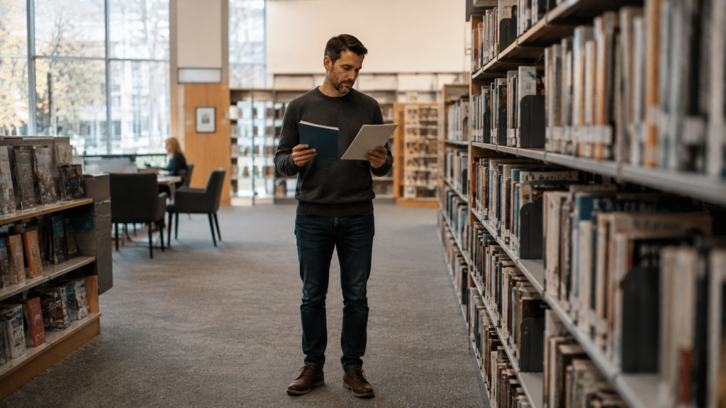 A man stands in a library aisle reading a book, surrounded by shelves of books and large windows in the background, reflecting the timeless value of knowledge even in an age of Distance Learning.