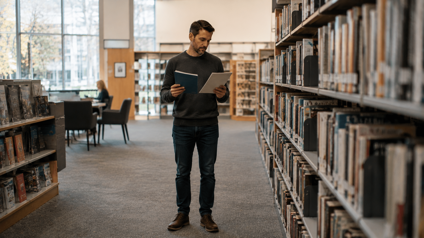 A man stands in a library aisle reading a book, surrounded by shelves of books and large windows in the background, reflecting the timeless value of knowledge even in an age of Distance Learning.