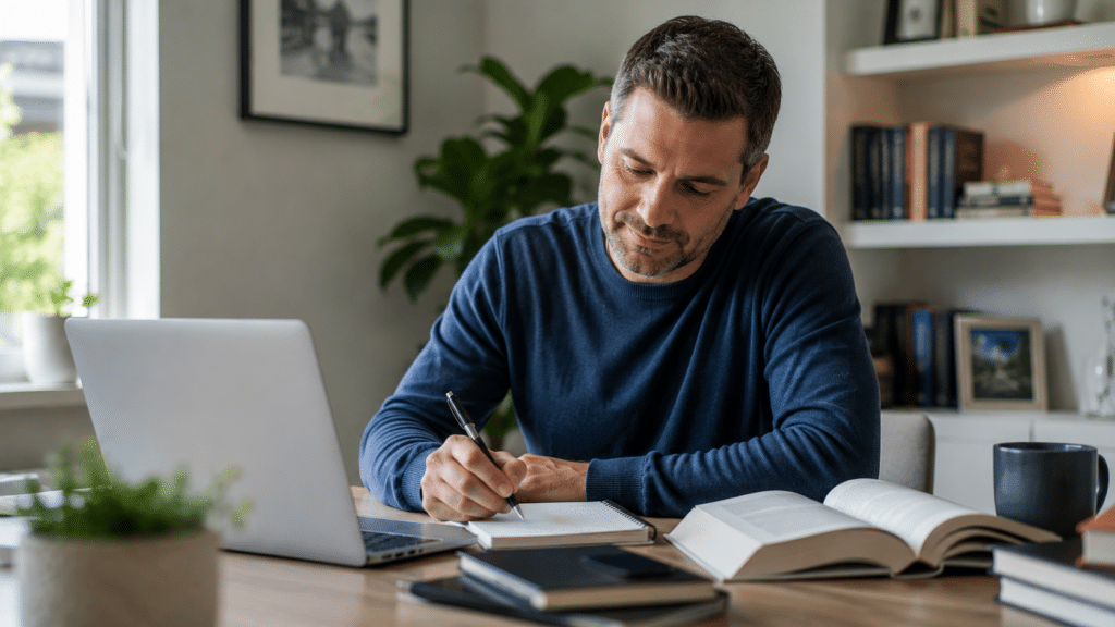 A man sits at a desk with a laptop, notebook, and open books, writing in a notebook as he researches his eligibility to apply for the Lifelong Learning Entitlement. There are shelves with books and plants in the background.