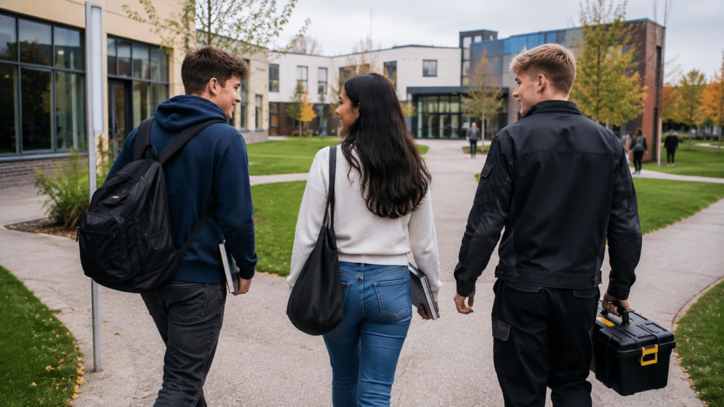 Three students walk and chat on a campus path lined with trees. Two carry rucksacks while one holds a toolbox. Modern academic buildings are visible in the background.