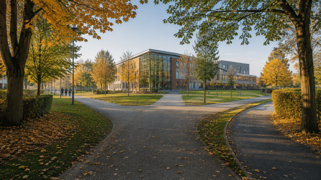 A modern building with large windows is surrounded by trees with autumn leaves. Pathways curve around the green lawn, and a few people walk in the distance under a clear sky—an inviting environment that reflects the spirit of flexible education and supports online learning for today’s students.