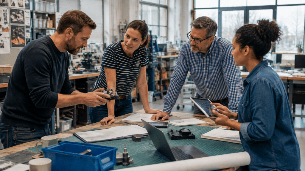 Four people gather around a table in a workshop, discussing mechanical parts and blueprints. Demonstrating the employers' skills 2026 will require, one person holds a part whilst others listen attentively and review documents and a tablet. Tools and equipment are visible in the background.