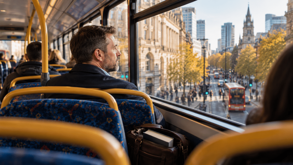 A man in a suit sits on a bus, reflecting on the benefits of distance learning as he gazes out at a sunny city street lined with trees and tall buildings, his brown leather bag by his side.