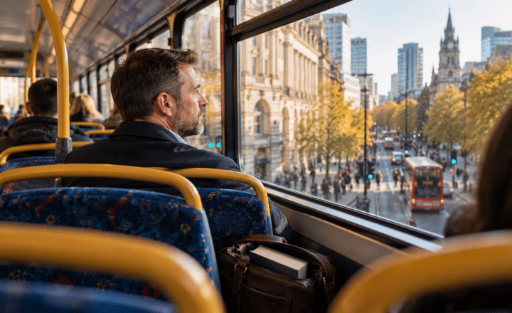A man in a suit sits on a bus, reflecting on the benefits of distance learning as he gazes out at a sunny city street lined with trees and tall buildings, his brown leather bag by his side.